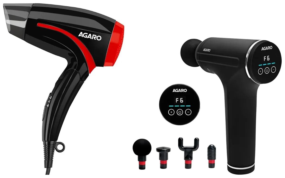 AGARO Galaxy Gun Massager, Black. & AGARO HD1177 Hair Dryer with 1000 Watts Copper Motor, 2 Speed & Temperature Settings,Foldable Handle, For both Men & Women, Black & Red
