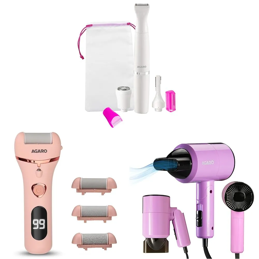 AGARO Women’s Personal Care Set – Rechargeable 3-in-1 Trimmer (White), Callus Remover (Pink), HD-1211 Foldable Hair Dryer – Compact & Waterproof