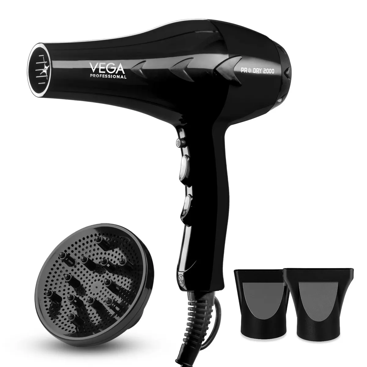 VEGA PROFESSIONAL Pro Dry 2000W Hair Dryer for Women & Men | Professional Blow Dryer with Diffuser, Nozzle, Cool Shot Button & 4 Heat & 2 Speed Settings, 16 Amp Plug, Salon Use & Home Use (VPVHD-13)