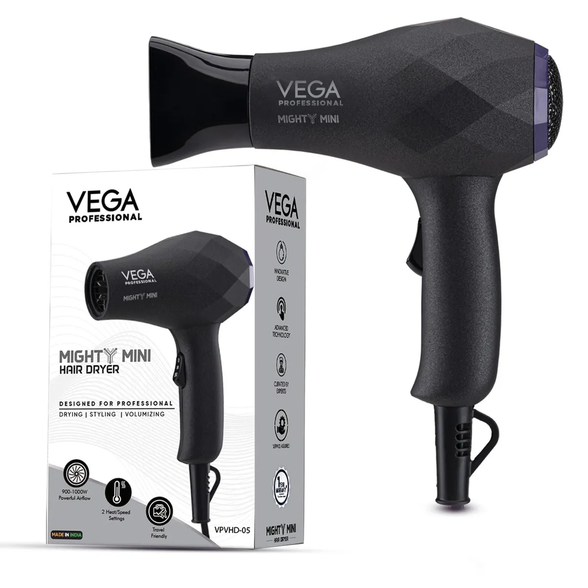 VEGA PROFESSIONAL Mighty Mini 900-1000W Hair Dryer for Women & Men, Portable Blow Dryer with 2 Heat/Speed Settings and Tourmaline Technology, 16 Amp Plug, Travel Styling, Compact Hair Dryer (VPVHD-05)