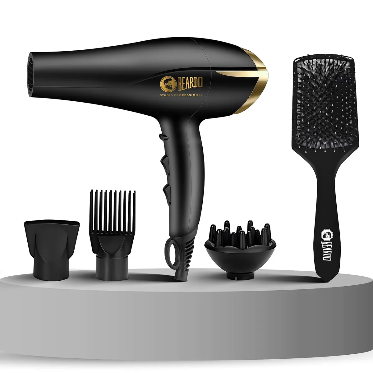 Beardo Studio Professional Hair Dryer with Hair Brush | High Power Fast Drying & Volumizing Brush for Frizz-Free Salon Style Finish | Multiple Heat Settings | Professional Grooming Tool for Men | Set of 2