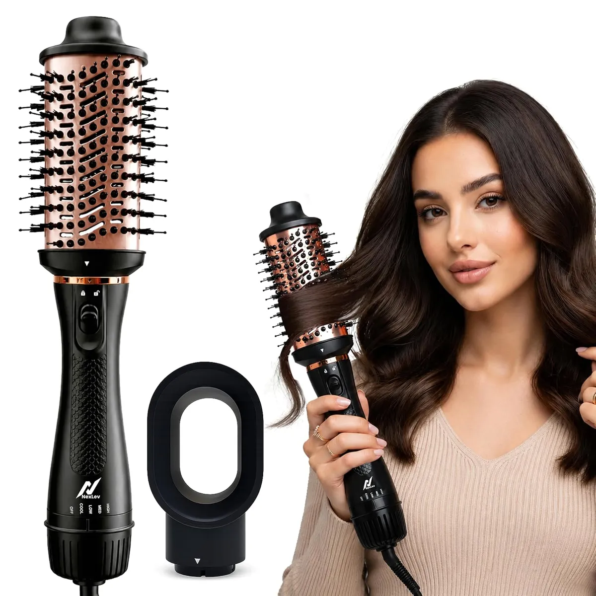 NexLev Hot Air Brush For Hair | V-03 3 in 1 Volumizer Hair Blow Dry Brush with 1.5 Inch Barrel, Ceramic Tourmaline Coating, 1200W, Dual Bristle for Tangle Free Salon Styling