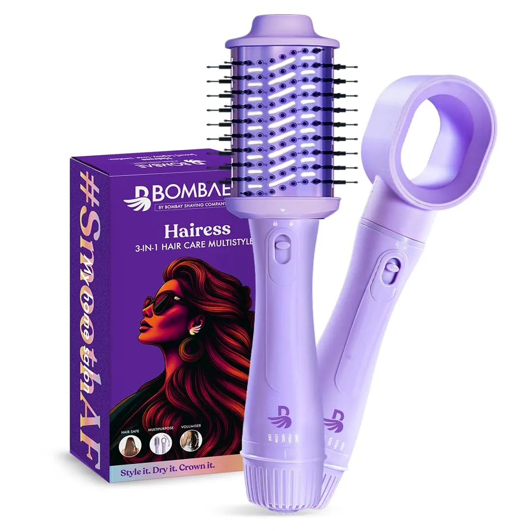 Bombae Hairess Ionic 3-In-1 Hot Air Brush Dryer, Curl, Volumizer & Straightener|Hair Dryer For Woman|Blow Dryer For Women|Hot Hair Brush|Hair Blow Dry Brush|Hair Styling Tools|1200W Power, Ceramic-Coated, 360° Airflow For Frizz-Free Styling