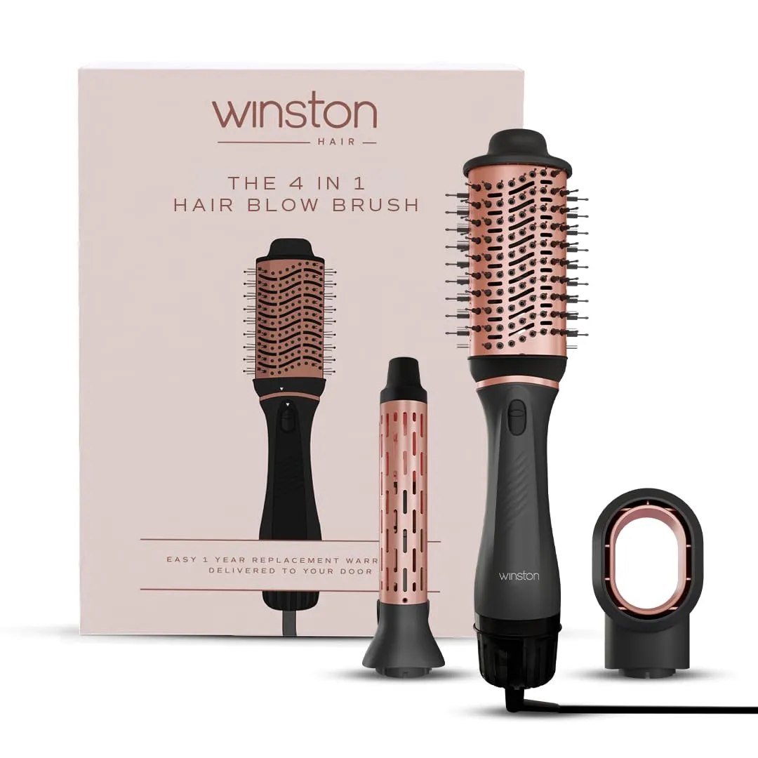 WINSTON 4 in 1 Hair Styling Blow Brush – Blow Dryer, Curling Iron, & Volumizing Brush with Adjustable Heat Versatile Hair Tool - 1 Year Warranty (Grey)