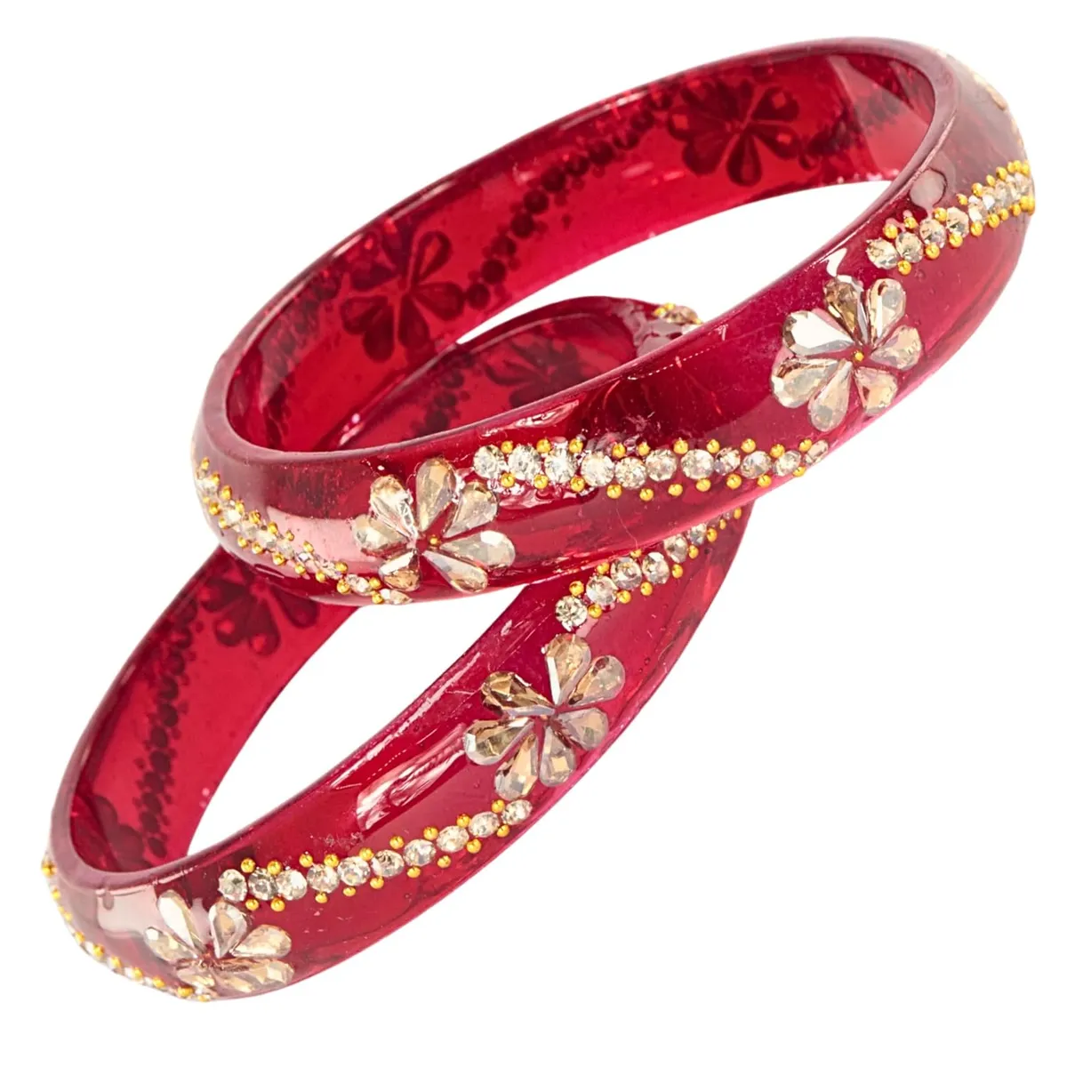 NMII Stylish Glass Kada Set Studded with Zircon Gemstone and Flower Design For Women & Girls | Women Kangan | Trendy Bracelet Kada Set | Premium Glossy Chudi | Bangles for Women | Set of 2