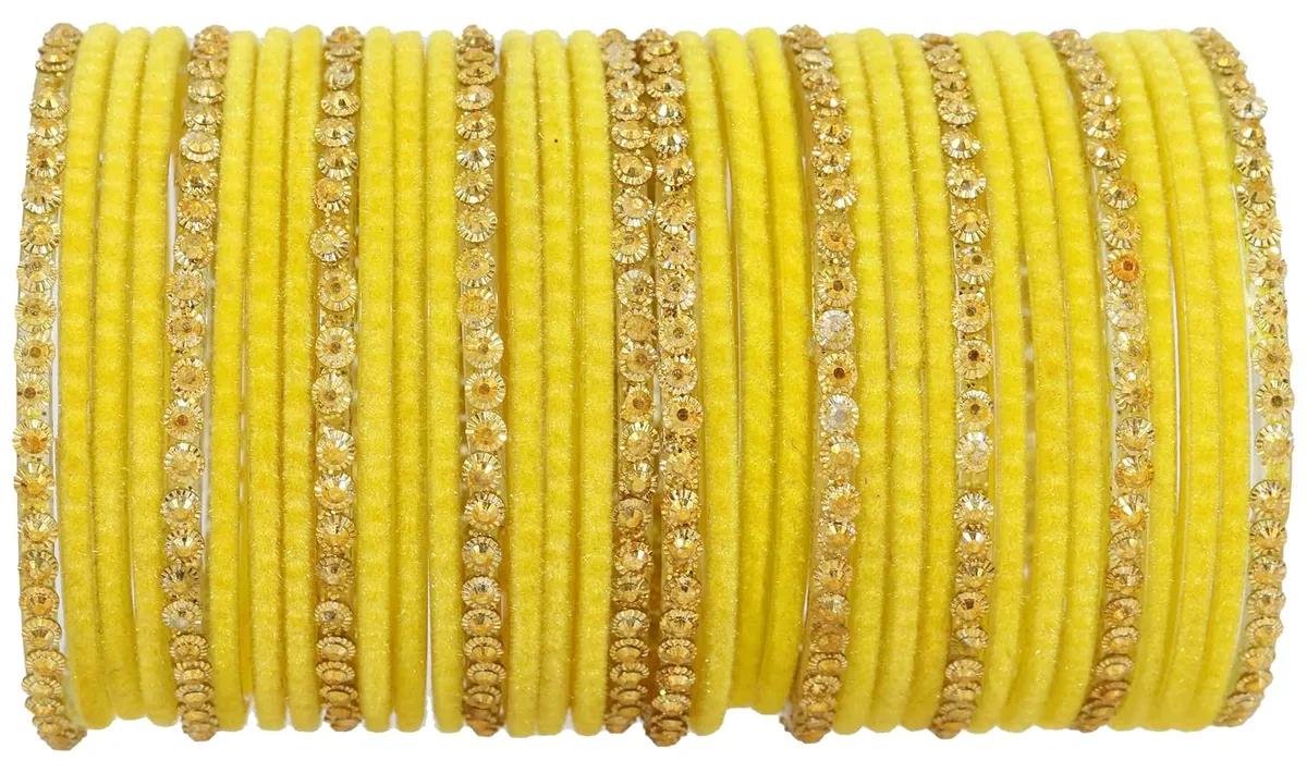 NMII Premium Glass & Golden Beads Velvet Bangle Set For Women and Girls | Velvet Chudi | Traditional Chudi Set | Designer Girl's Bangles Bracelet | Wedding, Party, Festive, Daily- Set of 34