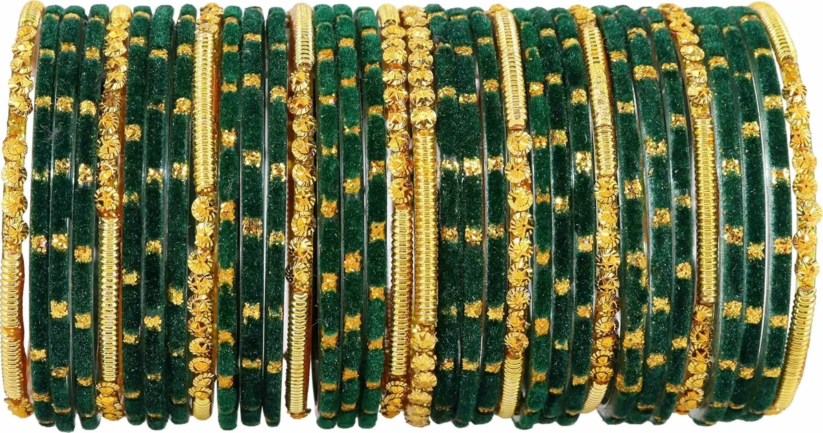 NMII Fancy Glass Golden Beads & Polka Dots Velvet Bangles Set For Women and Girls | Stylish Designer Bangles | Glass Chudi | Women's Fashion Jewellery-Set of 34