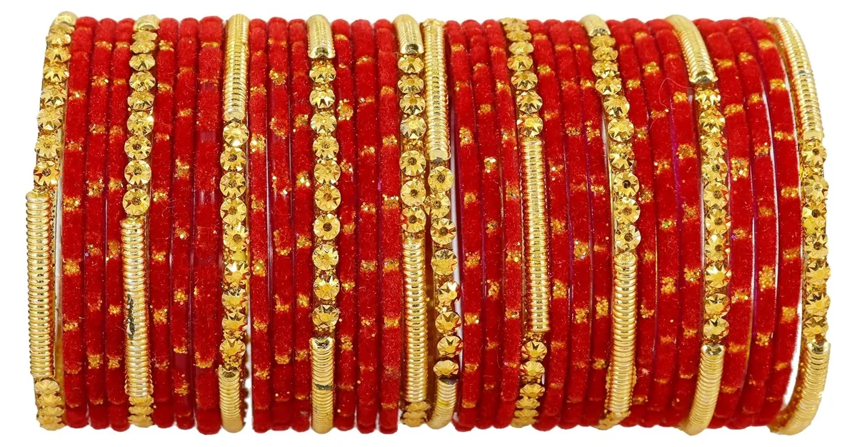 NMII Fancy Glass Golden Beads & Polka Dots Velvet Bangles Set For Women and Girls | Stylish Designer Bangles | Glass Chudi | Women's Fashion Jewellery-Set of 34