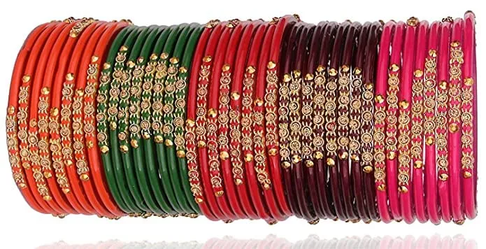 NMII Glass and Studded with Zircon Gemstone or Beads Glossy Finished Bangle set for Women and Girls