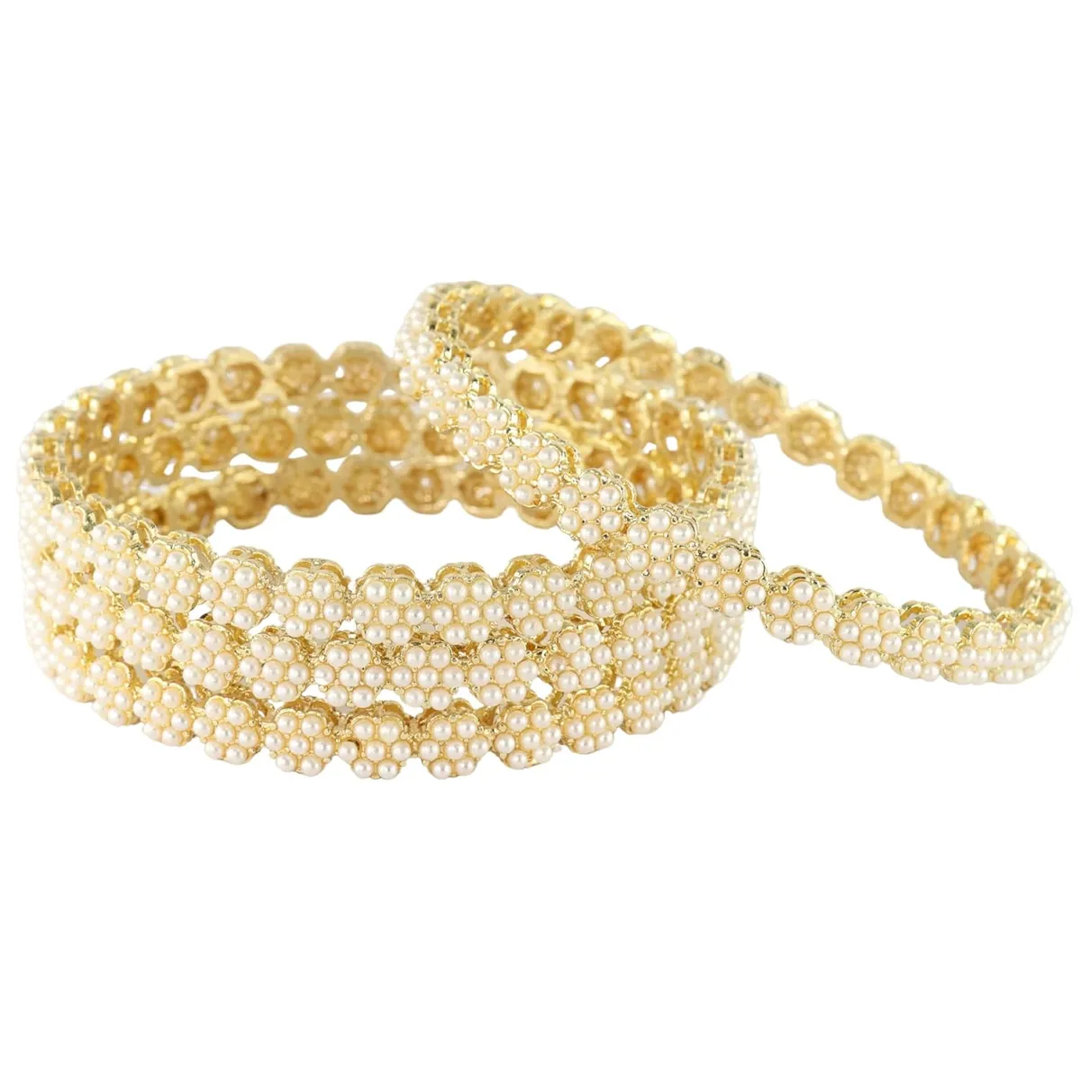NMII Metal White Moti Bangles with Zircon Diamond Stone For Women & Girls | Designer Pearls Kada | Trendy Girl's Bangles Bracelet | Traditional Kangan For Wedding, Party, Festive, Everyday- Set of 4