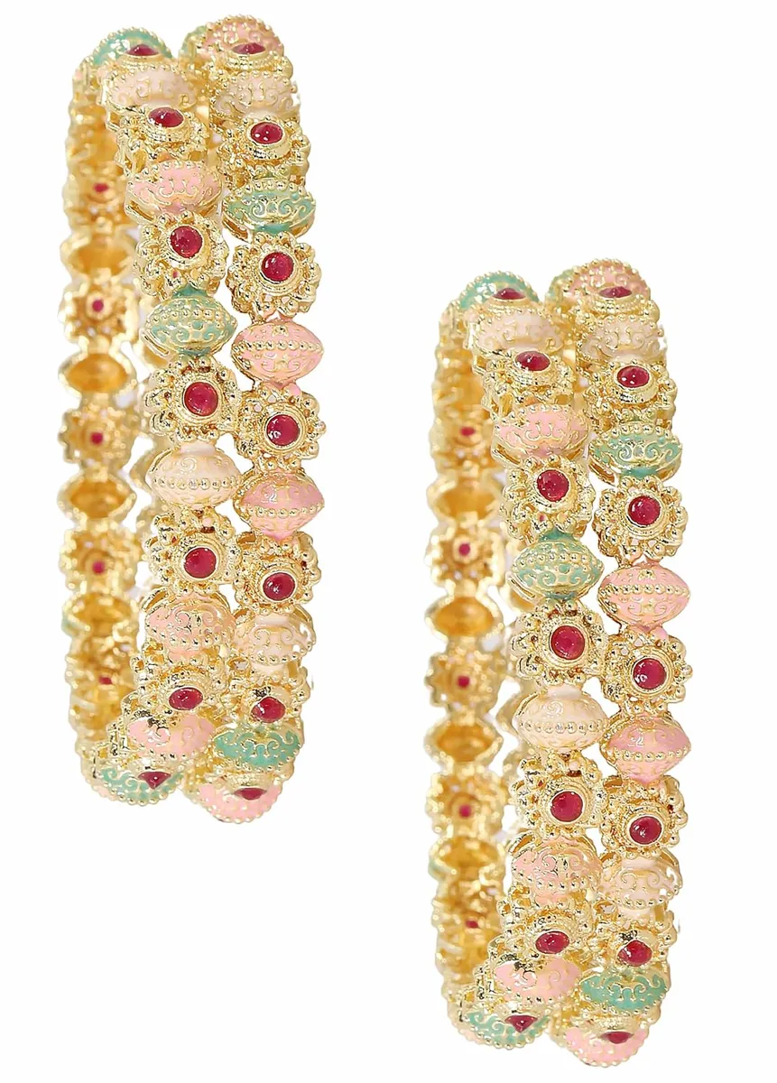 NMII Traditional Gold Plated Metal with Red Zircon GemStone Bangles Set For Girls & Women | Premium Rajwadi Kangan Set | Girl's Bangles Bracelet | Stylish Kada For Women