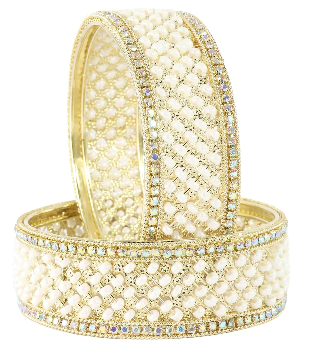 NMII Gold Plated Metal American Diamond & Kundan Bangles Set For Women & Girls | Kada Set For Women | Antique Bangles | Women's Bangles Set For Wedding, Party, Occasion Jewellery- Set of 2
