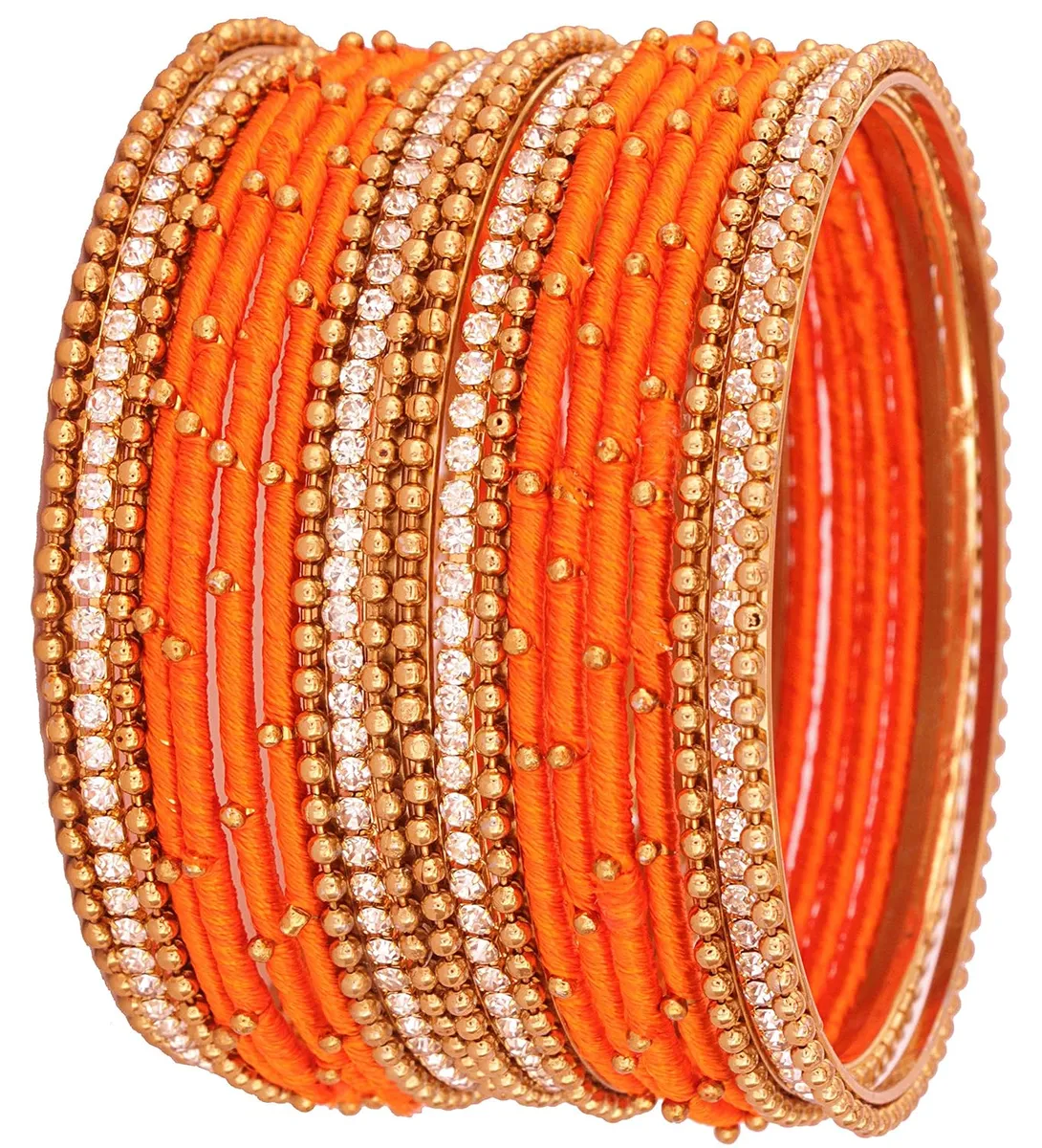 NMII Non-Precious Metal with Base Metal and Zircon Gemstone Studded Ball Chain Linked Glossy Finished Silk thread Bangle set for Women and Girls