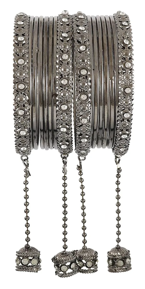 NMII Traditional Metal Bangles Set For Women & Girls with Zircon Gemstone & Latkan | Stylish Oxidised Look Gold Plated Bangles | Women's Fashion Jewellery
