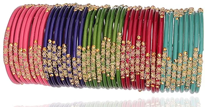NMII Glass and Studded with Zircon Gemstone or Beads Glossy Finished Bangle set for Women and Girls