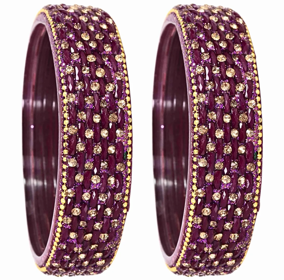 NMII Glass Golden Zircon GemStone & Beads Studded Thick Kada Set For Women & Girls | Chudi Set | Glass Bangles For Women | Fancy Kada For Women Party, Wedding, Occasion, Daily use
