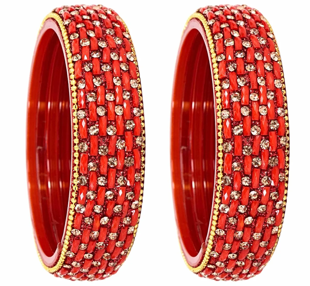NMII Stylish Glass Bangles Golden Stone & Beads Studded Thick Kada Set for Women & Girls | Daily, Party, Wedding | Red | Kanch ke Kade-(GK42-Red-2.6)