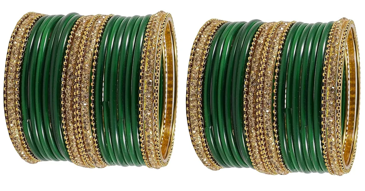 NMII Glass With Zircon Gemstone Studded Worked and Ball Chain Or Plane Gloosy Finished Bangles Set For Women and Girls