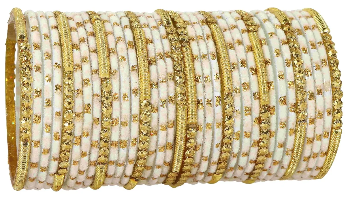 NMII Fancy Glass Golden Beads & Polka Dots Velvet Bangles Set For Women and Girls | Stylish Designer Bangles | Glass Chudi | Women's Fashion Jewellery-Set of 34