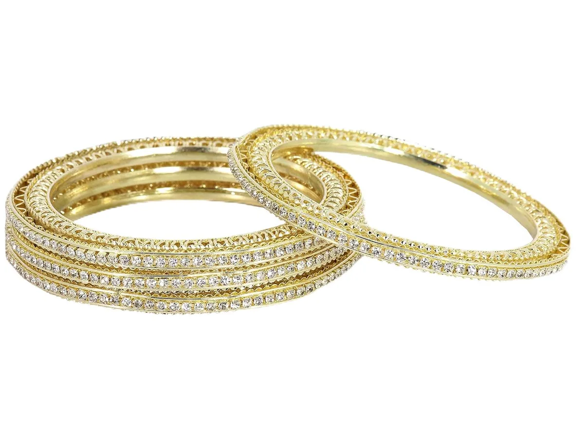 NMII Premium Gold Plated Metal American Diamond Bangles For Women & Girls | Traditional Golden Bangles | AD Stone Work | White Diamond Bangles Set For Wedding, Party, Ocassion-Set of 4