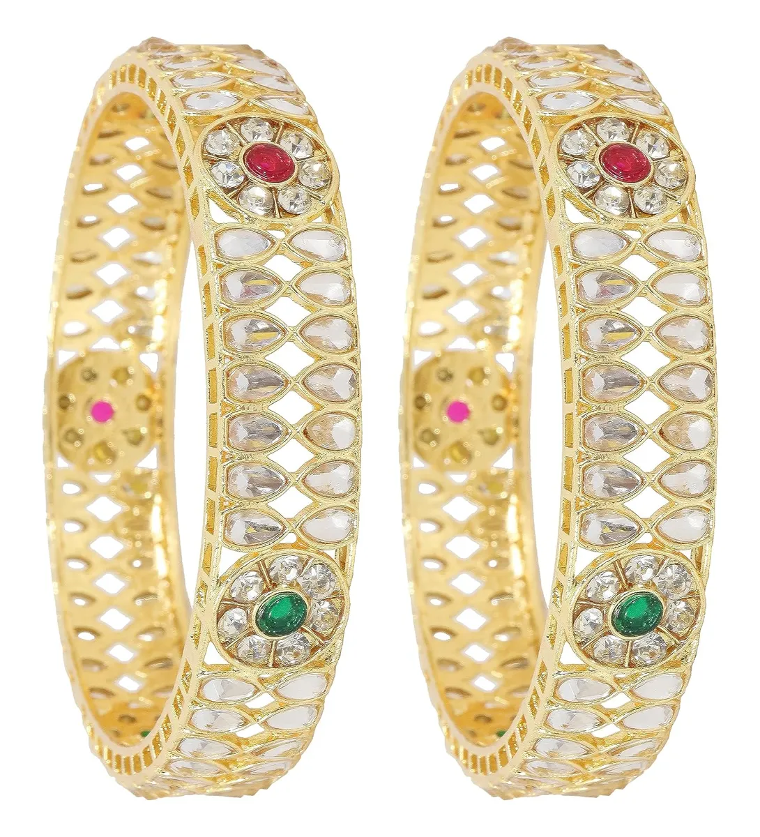 NMII Gold Plated Metal American Diamond & Kundan Bangles Set For Women & Girls | Kada Set For Women | Antique Bangles | Women's Bangles Set For Wedding, Party, Occasion Jewellery- Set of 2