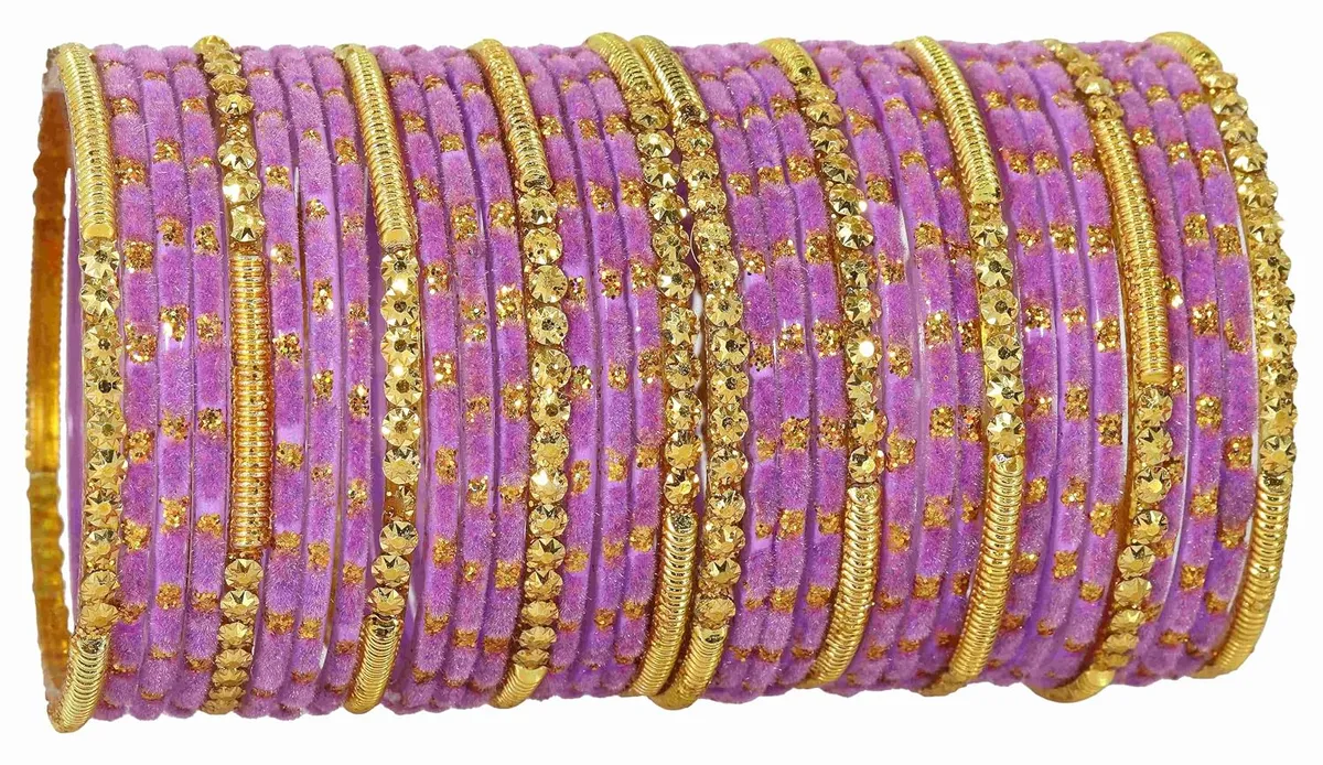 NMII Fancy Glass Golden Beads & Polka Dots Velvet Bangles Set For Women and Girls | Stylish Designer Bangles | Glass Chudi | Women's Fashion Jewellery-Set of 34