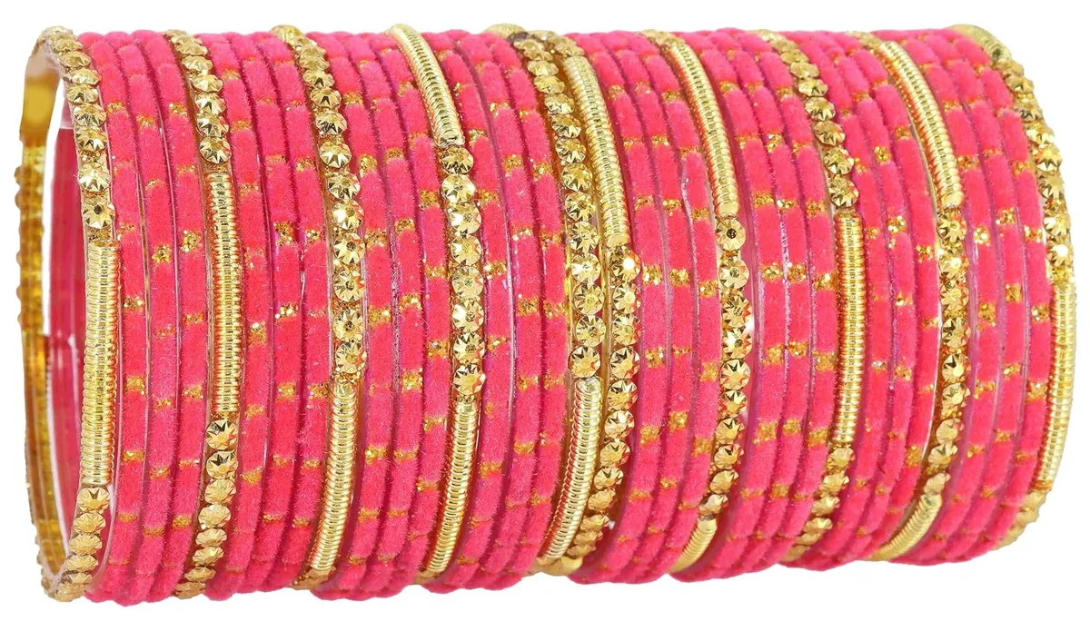 NMII Fancy Glass Golden Beads & Polka Dots Velvet Bangles Set For Women and Girls | Stylish Designer Bangles | Glass Chudi | Women's Fashion Jewellery-Set of 34
