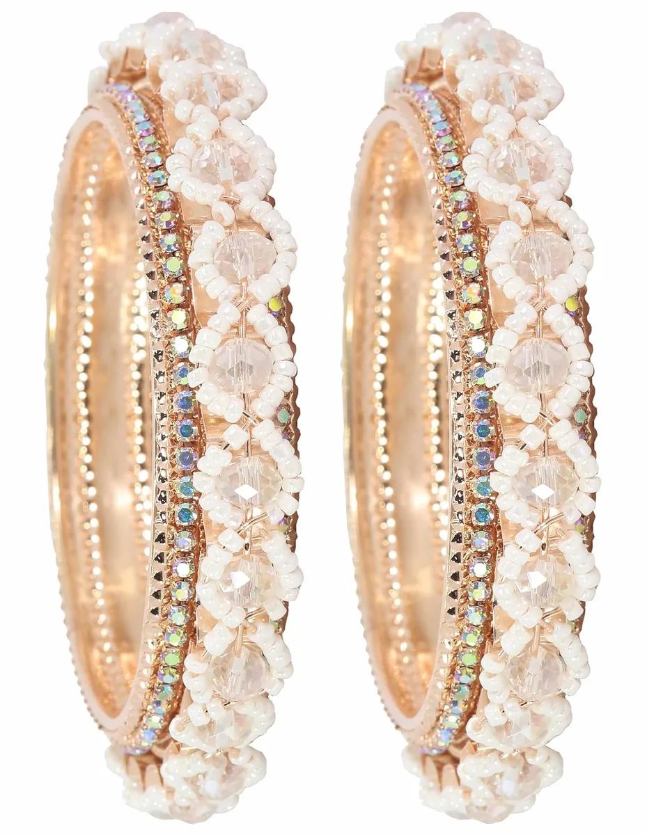 NMII Premium Alloy Metal Bangles For Women and Girls Studded American Diamond Stone & Pearls Moti | Women's Bangles Bracelet | Metal bangles | Stone Bangles Kada,(MAH67_851- RoseGold-2.6)