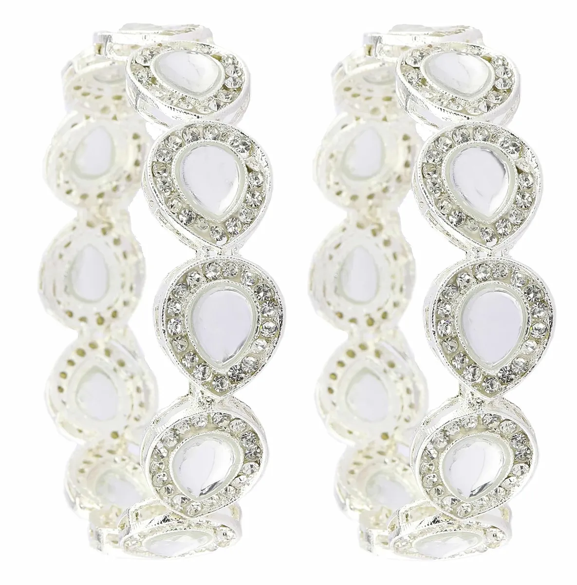 NMII Premium Silver Alloy Metal With Kundan Beads & Zircon Diamond Kada Bangles Set For Women & Girls | Designer Women's Kangan Chudi | Wedding, Party, Everyday, Occasion- Set Of 2 Kada
