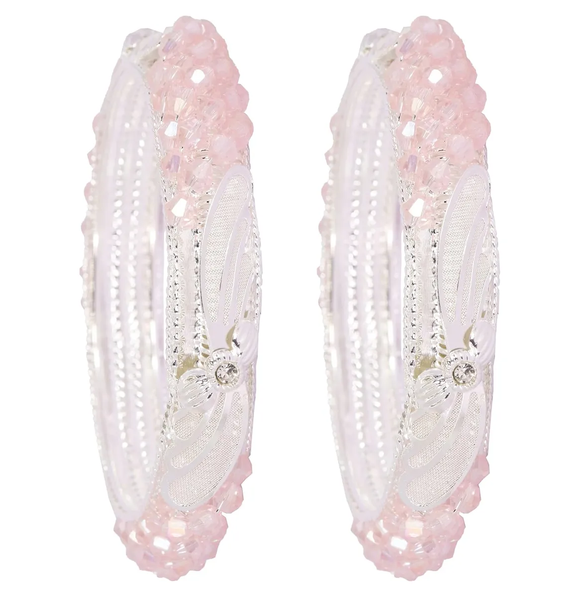 NMII Stylish White Pearls & Alloy Metal American Diamond Bangles Kada Set For Women and Girls | Fancy Women's Kada | Girls' Bangles Bracelet | Kada Set For Wedding, Party, Occasion Wear-Set of 2