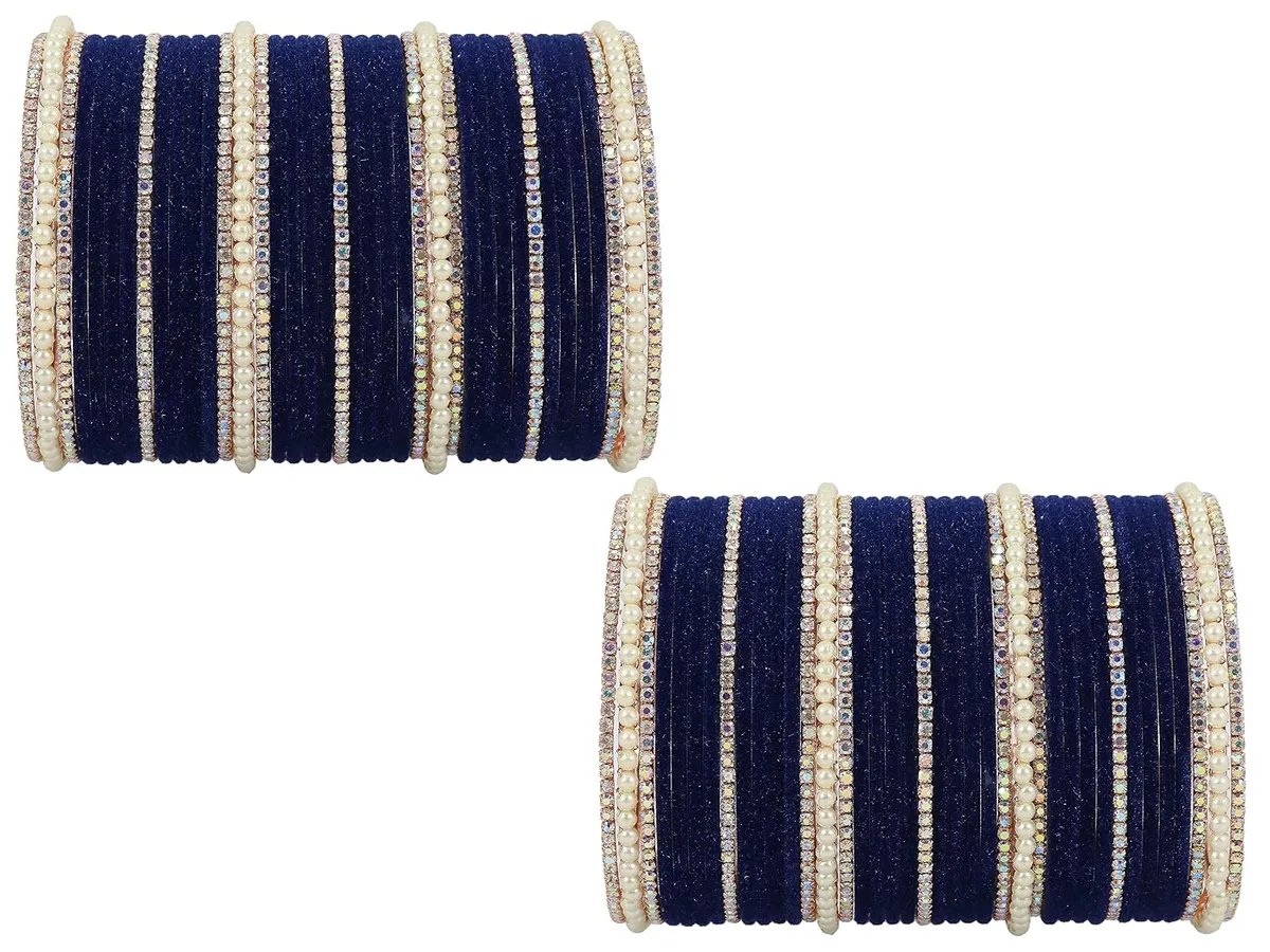 NMII Metal with Cubic Zirconia and Pearls Velvet Bangles For Women and Girls