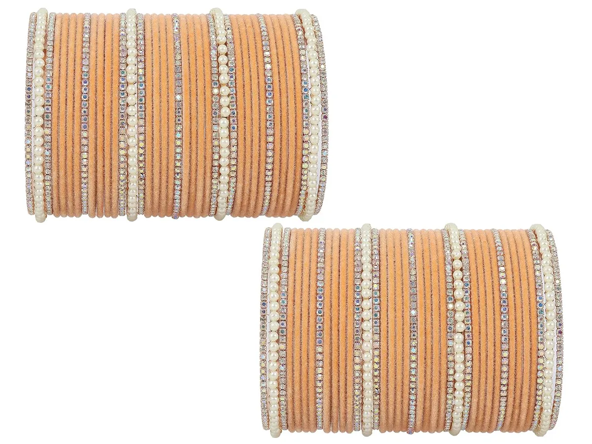 NMII Metal with Cubic Zirconia and Pearls Velvet Bangles For Women and Girls