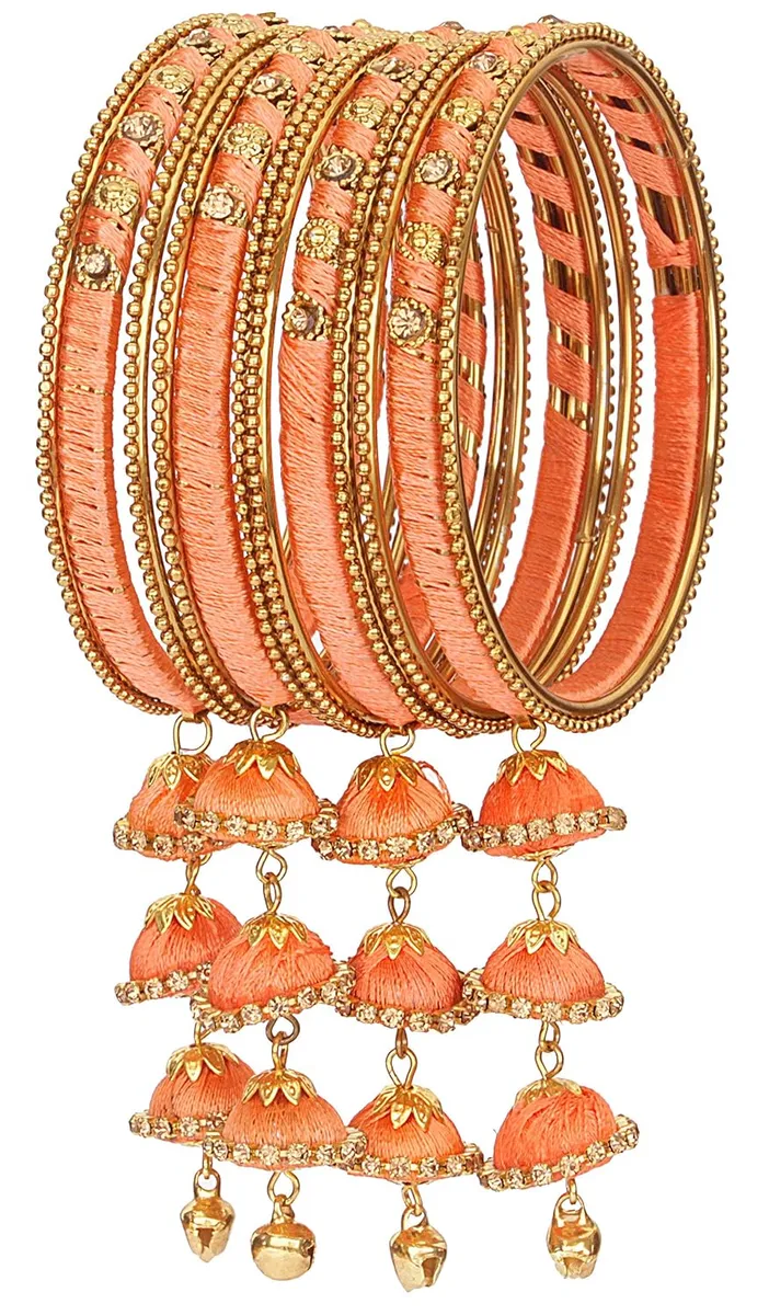 NMII Metal & Silk Thread Jhumka Zircon Latkan Stylish Bangles Set For Women's and Girls | Women's Fancy Latkan Bangles Set | Ethnic Fashion Jewellery- Set of 12 Bangle, (G405_Peach-2.6)