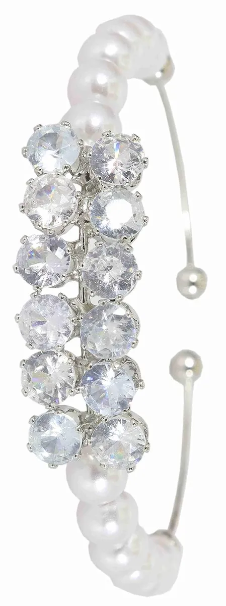 NMII Alloy American Diamond and White Beads and Fine Premium Siver Plated Glossy Finished Bracelet for Women and Girls