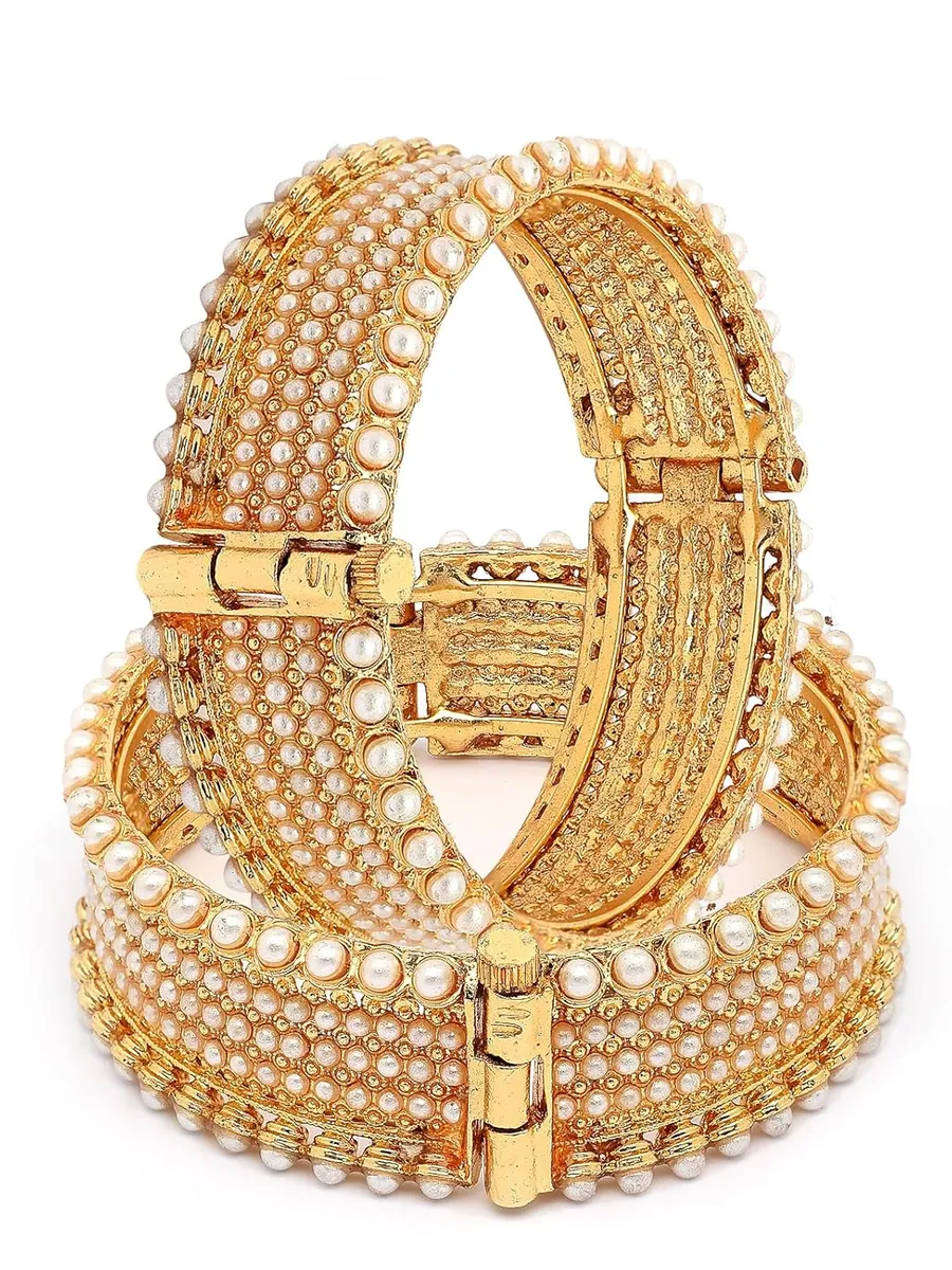 Sukkhi Trendy Rajwadi Style Gold Plated with Pearls Studded Broad Kada Bangle Jewellery for Women & Girls|Set of 2|B107298