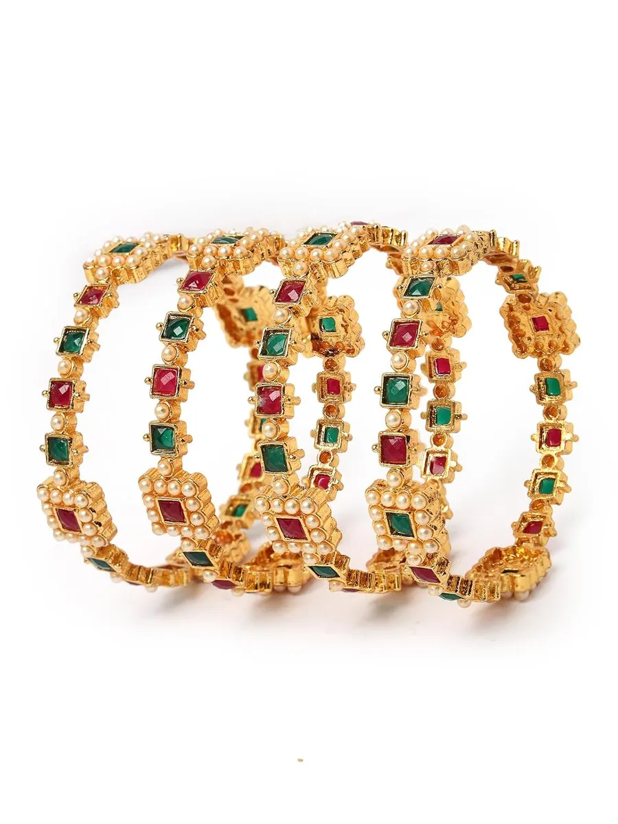 Sukkhi Traditional Gold Plated Red And Green Kada Bracelet Bangle Jewellery Set for Women & Girls