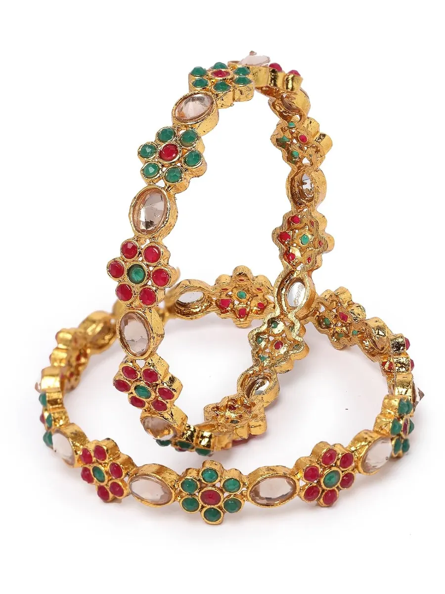 Sukkhi Traditional Gold Plated Red And Green Kada Bracelet Bangle Jewellery Set for Women & Girls