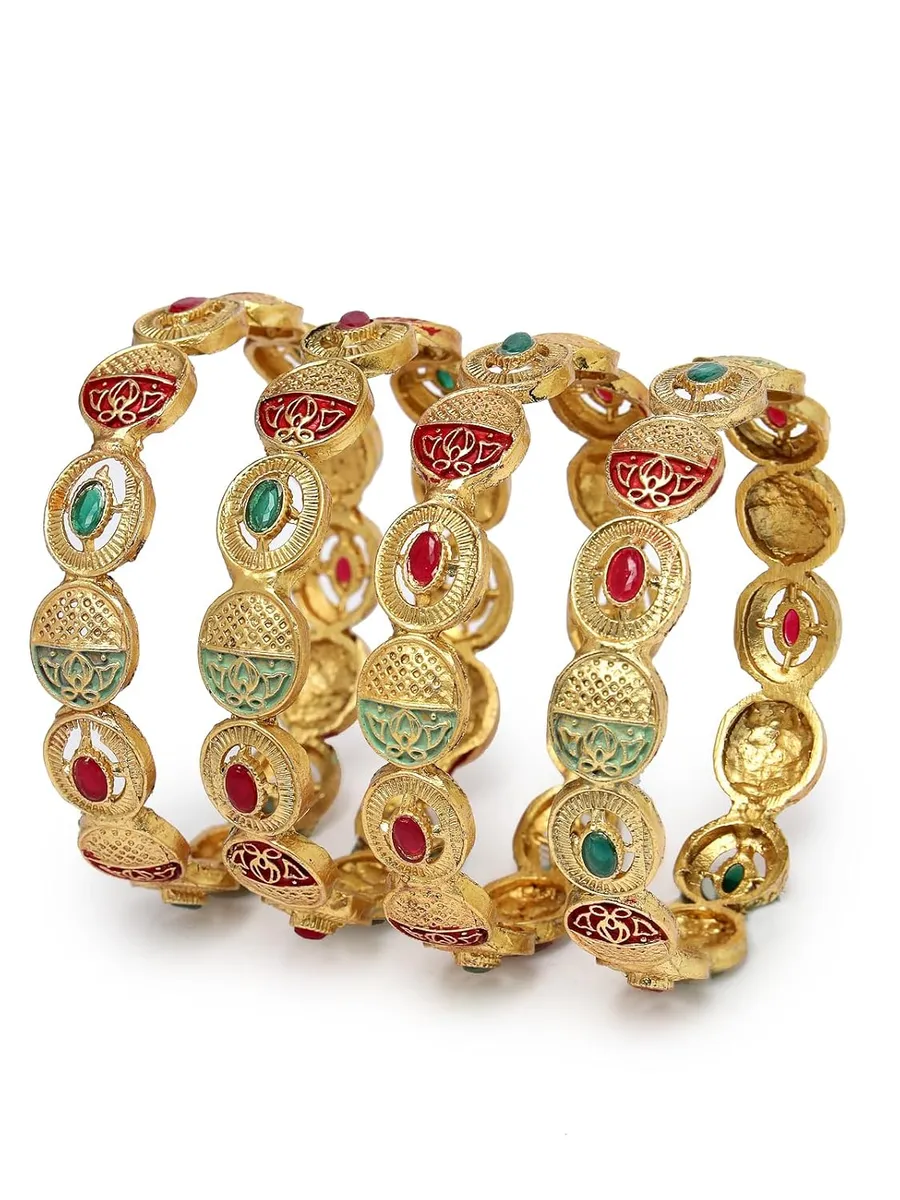 Sukkhi Traditional Gold Plated Red And Green Kada Bracelet Bangle Jewellery Set for Women & Girls