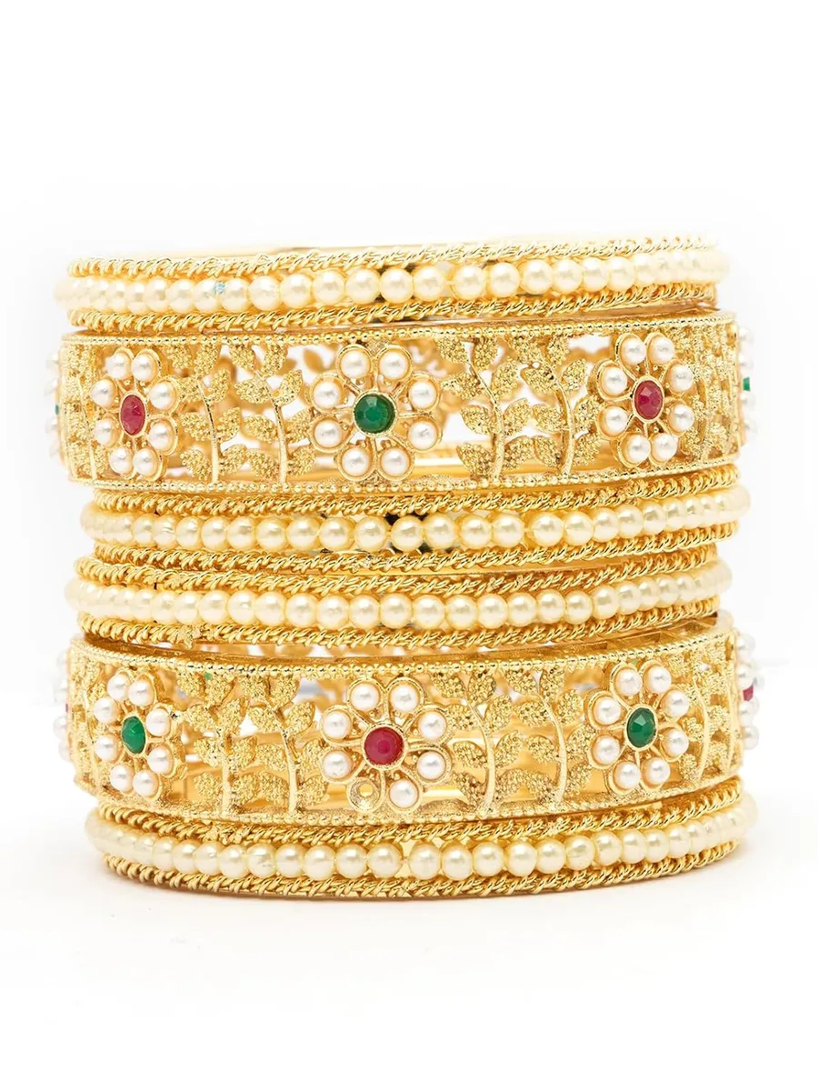 Sukkhi Indian Traditional Gold Plated Floral Style Pearl Bangle Set Jewellery for Women & Girls |Set of 2|B107094