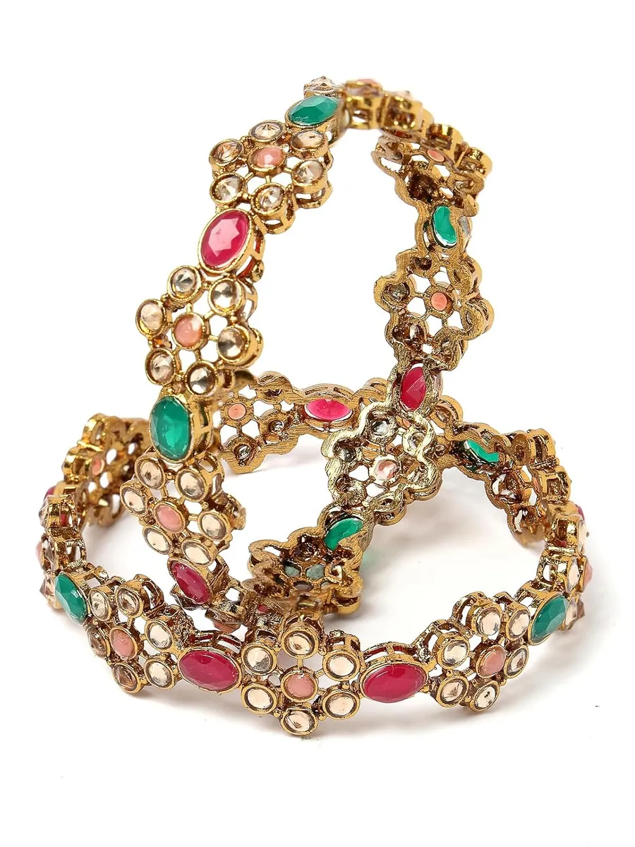 Sukkhi Traditional Gold Plated Red And Green Kada Bracelet Bangle Jewellery Set for Women & Girls