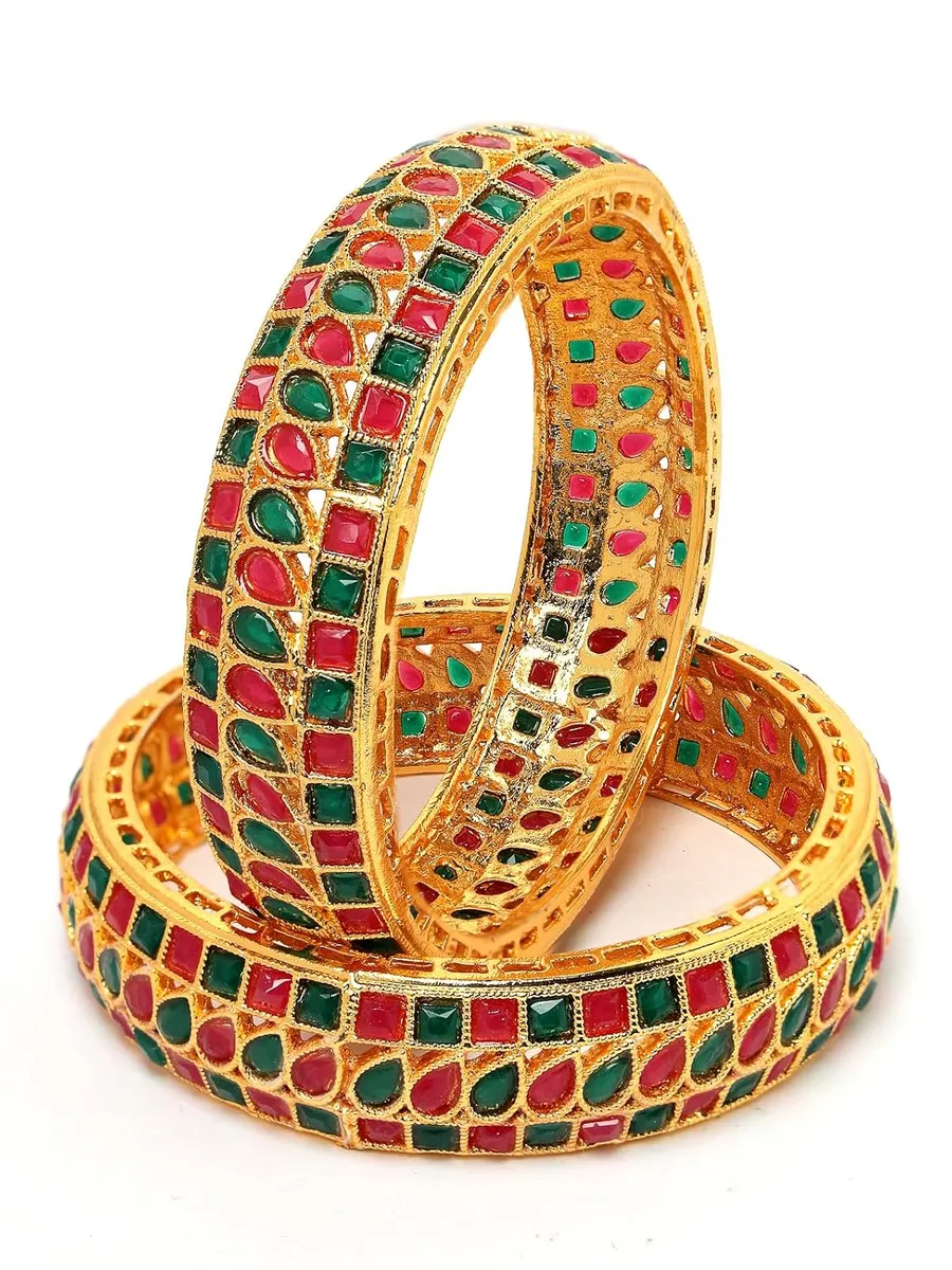 Sukkhi Traditional Gold Plated Red And Green Kada Bracelet Bangle Jewellery Set for Women & Girls