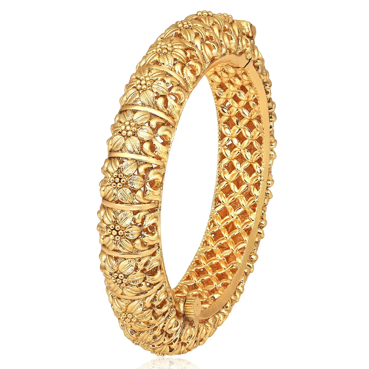 Peora Gold Plated Single Piece Openable Floral Kada Bangle Traditional Jewellery for Women