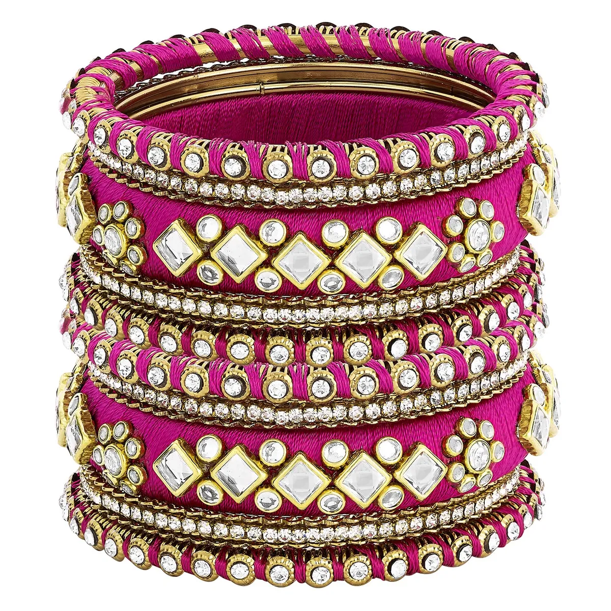 Peora Rani Pink Silk Thread Stone Studded Chura Chuda Bangle Set for Women (Size -2.6 inch)