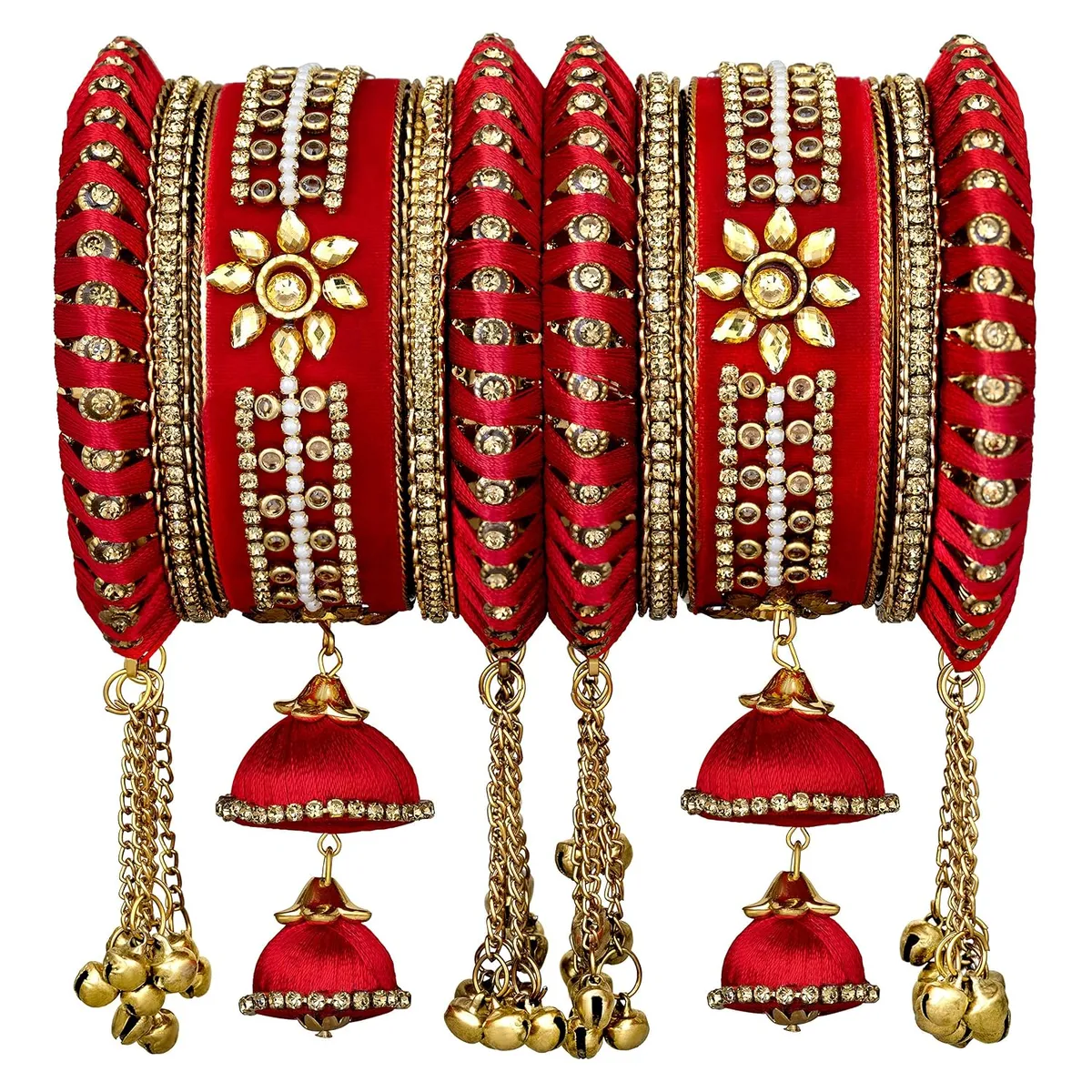 Peora Velvet Matching Kundan Floral Silk Thread Chura Bangle Set for Women Girls 2.6 inch Red