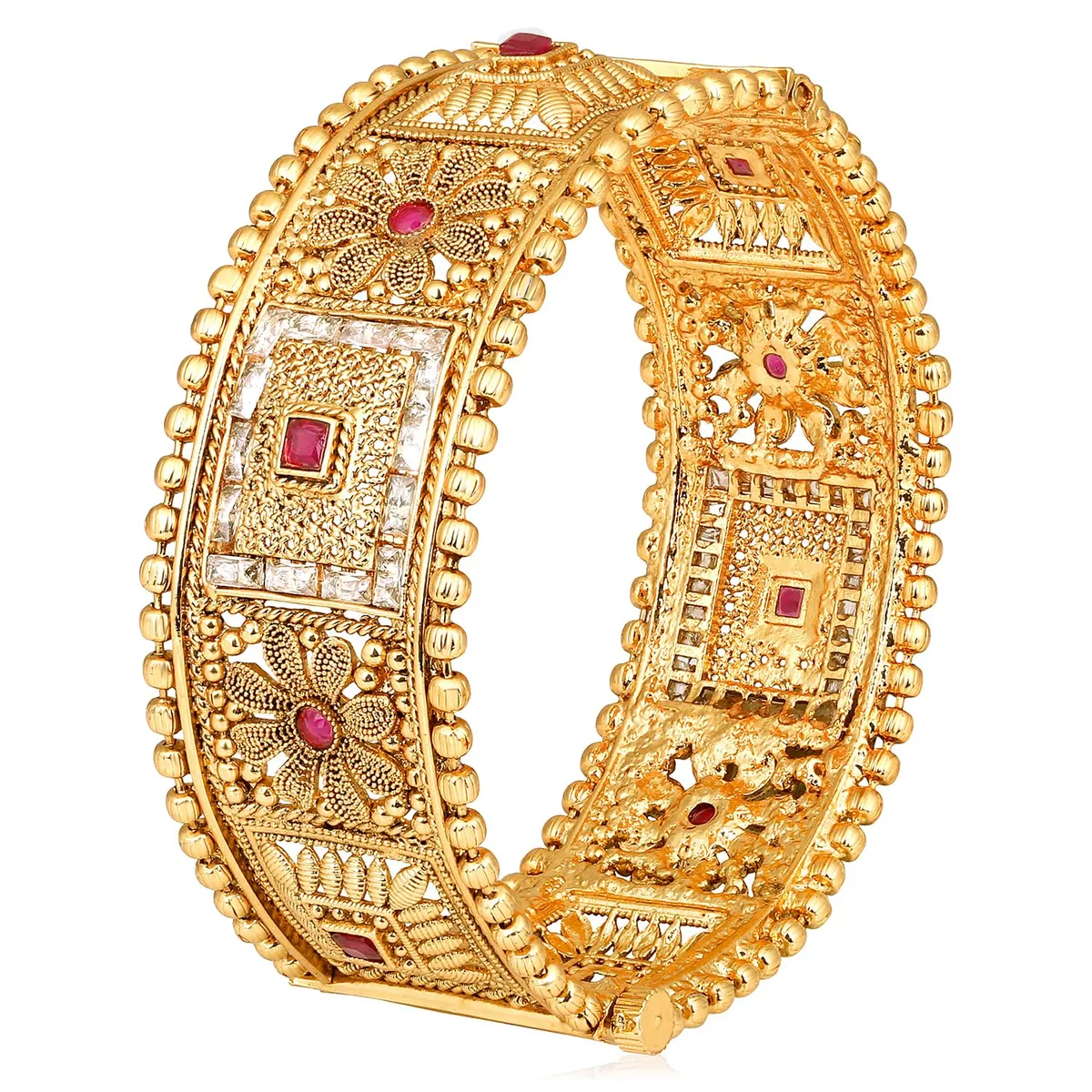 Peora Gold Plated Synthetic Stone Studded Thick Single Piece Openable Bangle Kada Traditional Jewellery for Women