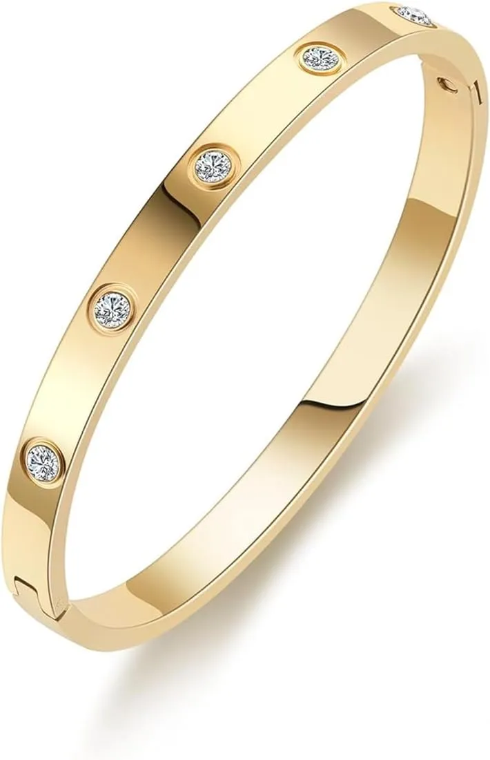 Shining Diva Fashion 18K Gold Plated Stainless Steel Openable Crystal Bracelet | Cuff Bangle | Friendship Couple Wedding Gifts for Mother Sister Wife Girlfriend | Anti Tarnish Jewellery
