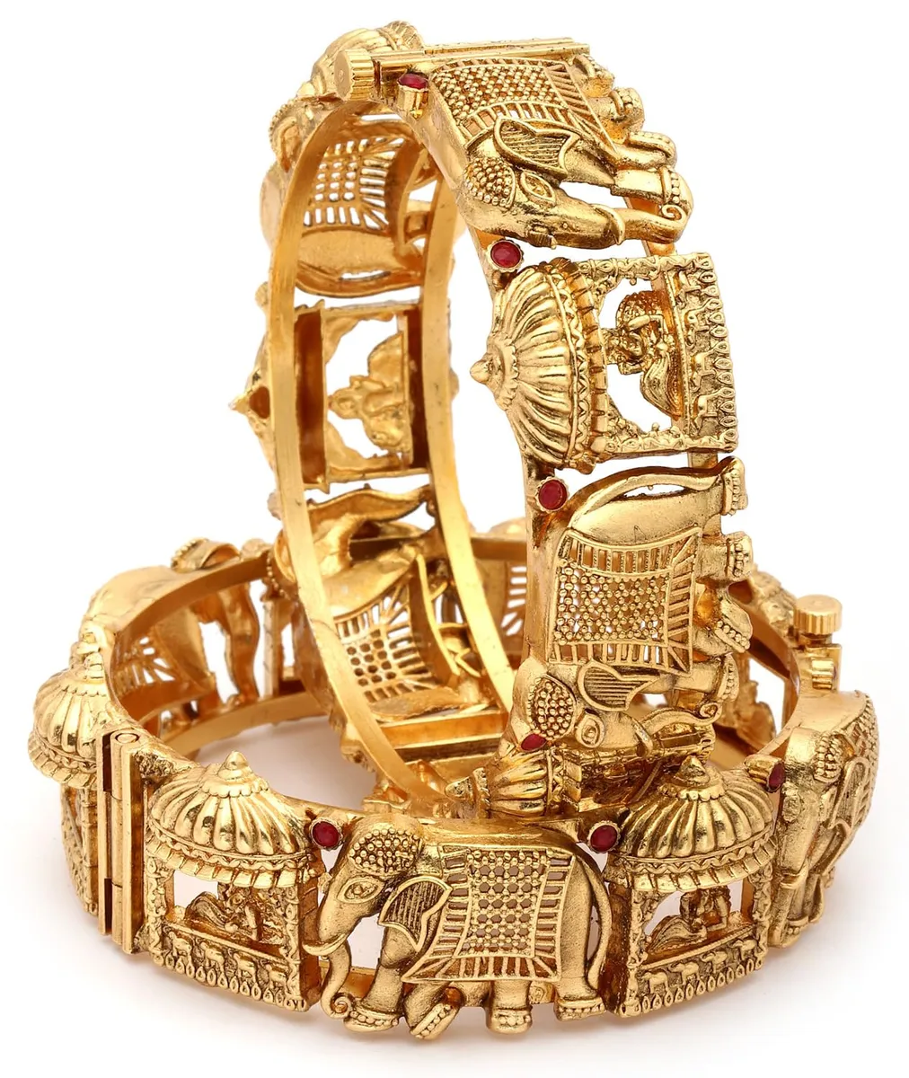 Shining Diva Fashion 18k Gold Plated Temple Jewellery Bangles for Women | Set of 2 Bangles Set | Latest Stylish Traditional Kada Bangles | Just Like Real Gold Jewellery