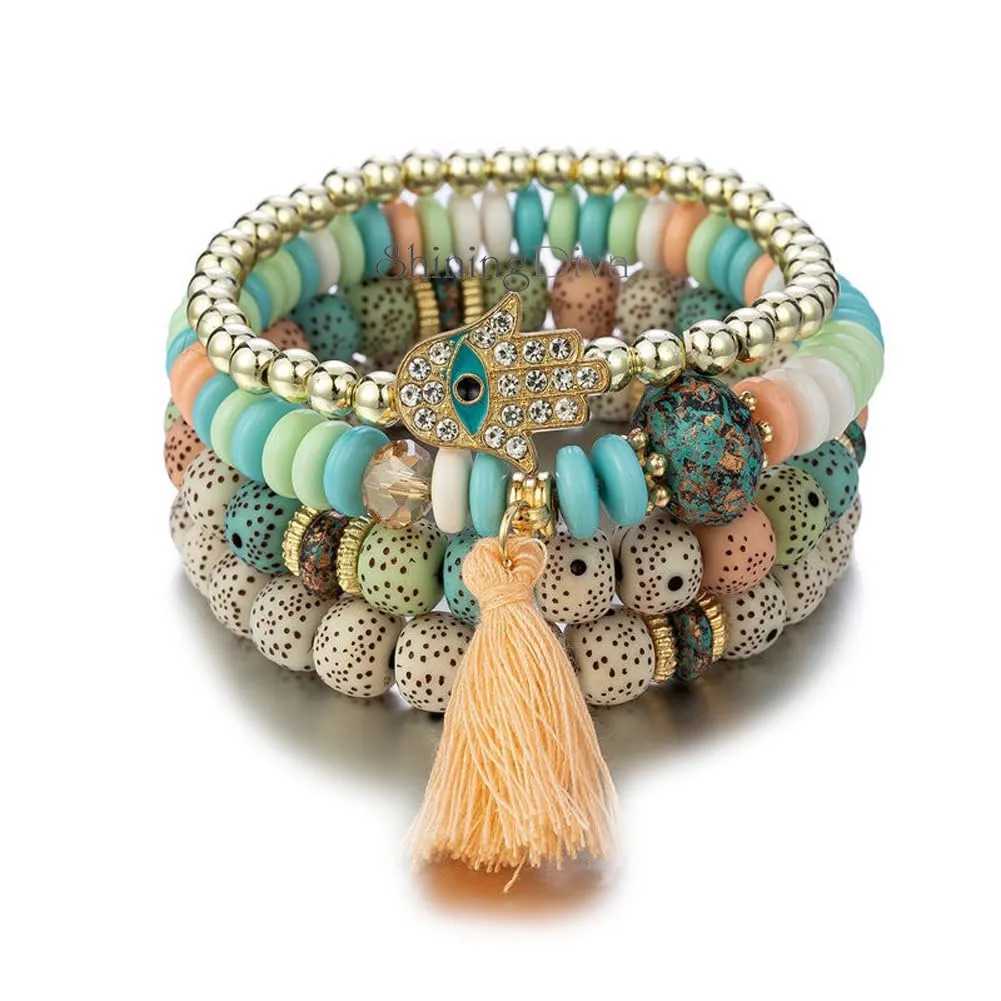 Shining Diva Fashion Bohemian Evil Eye Lucky Protection Hamsa Hand Tassel Charm Beaded Bodhi Stylish Multilayer Bangle Bracelet for Women and Girls