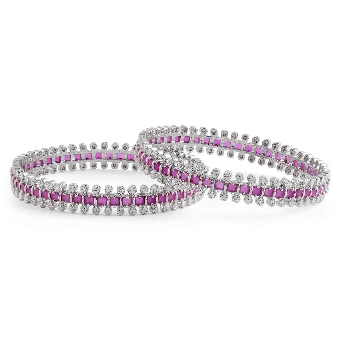 Rubans Set of 2 Rhodium-Plated Ruby Pink & White Cubic Zirconia Studded Luxe Bangles