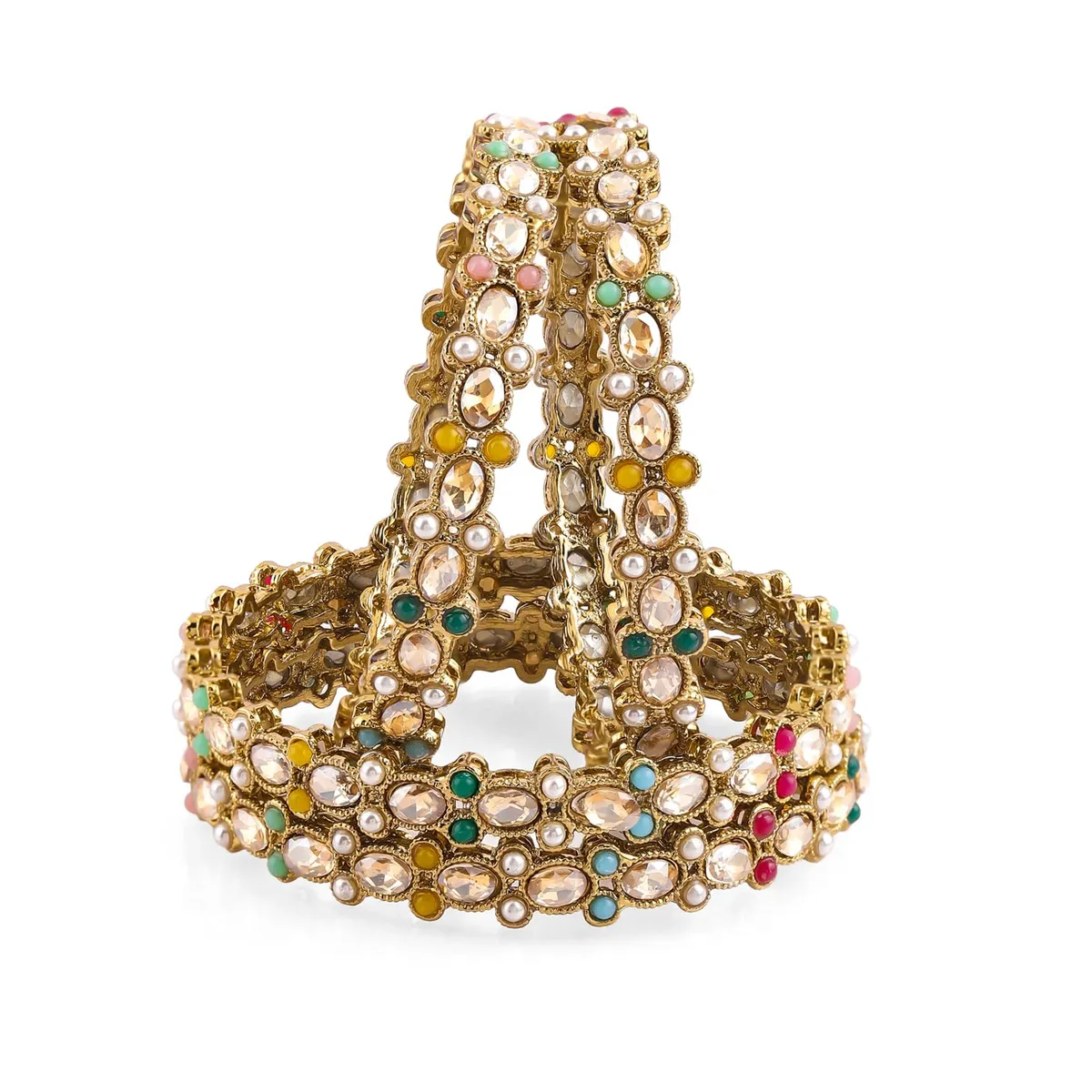 Rubans Antique Gold Kundan Pearl Stone Bridal Bangles Set For Women
